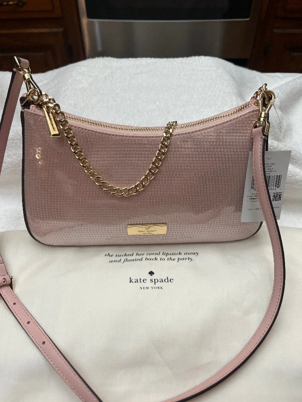 NWT Kate Spade Madison Sequin/Leather Convertible Crossbody.  Rose Smoke/Pink.